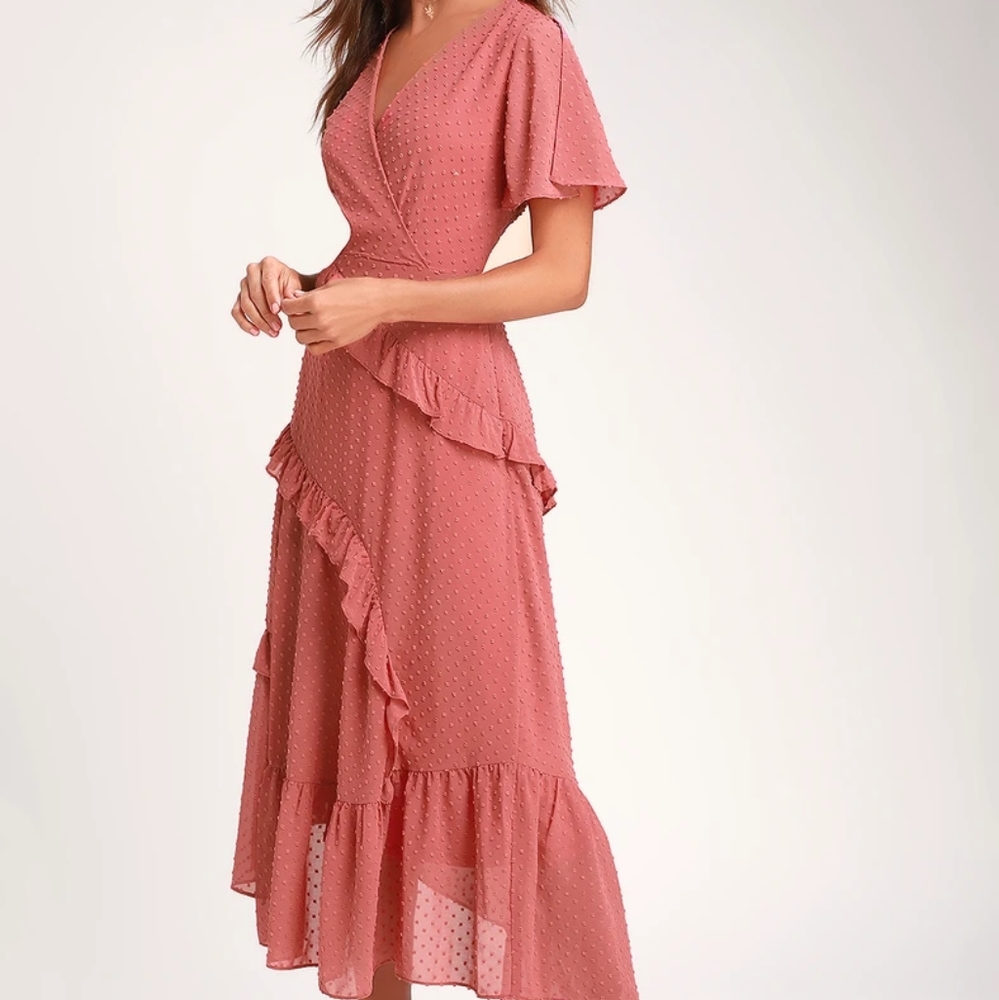 Lulu's Next to You Rusty Rose Swiss Dot Ruffled Midi Dress, Size L
